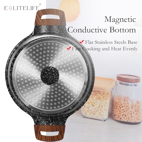 ESLITE LIFE Nonstick Stock Pot with Lid, 5 Quart Granite Casserole Large Soup Pot Pasta Cooking Pot, Induction Compatible, PTFE & PFOA Free, Black