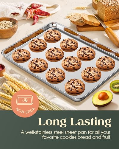 Baking Sheet Set of 2, Commercial Grade Stainless Steel Cookie Sheets for Baking, 18 x 13 Inch Thicker Large Baking Pans Oven Tray, Warp Resistant Nonstick Half Sheet Pan, Nontoxic & Heavy Duty