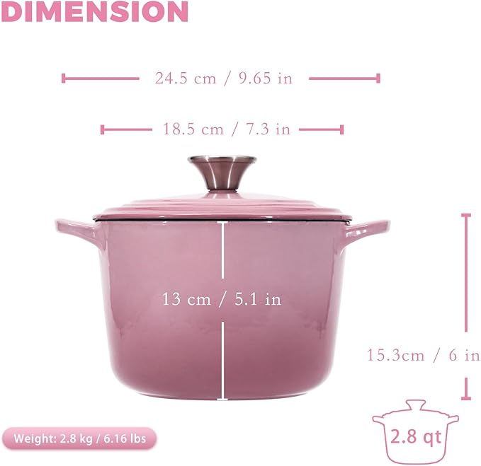Flavehc Dutch Oven Pot with Lid 2.8 qt Cast Iron Dutch Oven for Bread Baking Pink Enameled Cast Iron Rice Pot with Handels