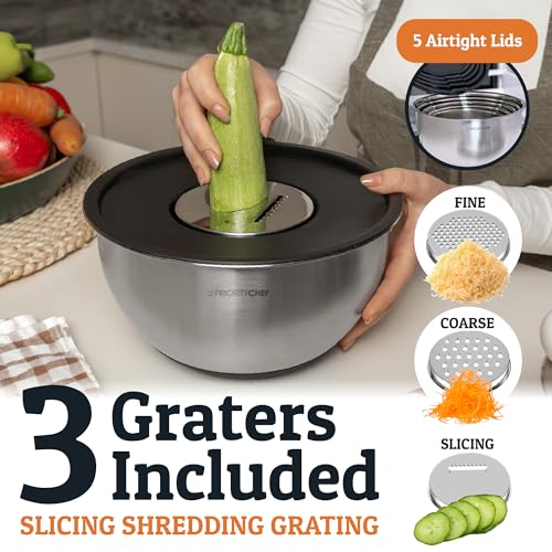 Priority Chef Stainless Steel Mixing Bowls with Lids Set, 3 Grater Attachments, Airtight Lids, Non-Slip Silicone Base Mixing Bowl Set, Large Prep Metal Mixing Bowls for Kitchen, Black