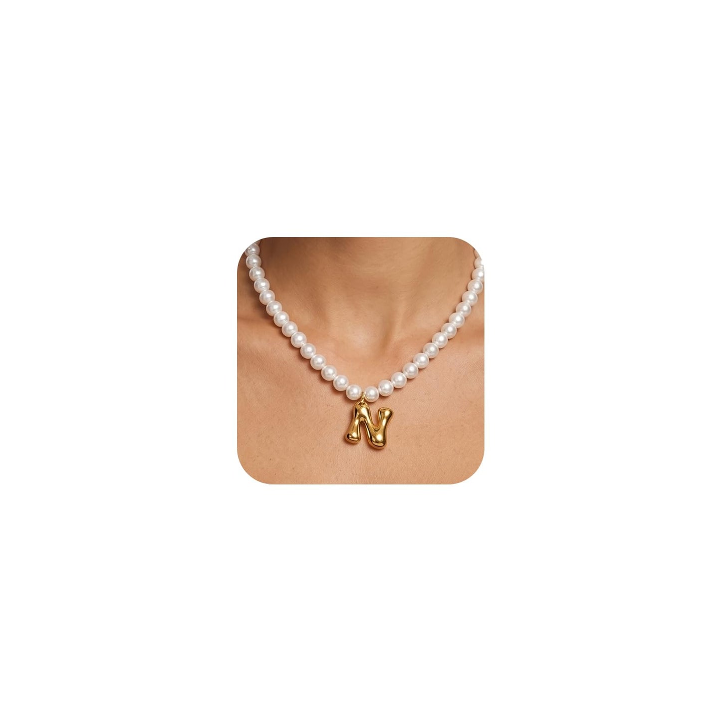 DoDoBeads Pearl Initial Necklace, 18K Gold Plated Stainless Steel Balloon Letter Pendant N, Non-Tarnish Waterproof Chunky Monogram Jewelry Gifts for Women Teens