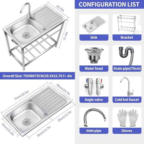 Outdoor Utility Sink,Free Standing Stainless Steel Laundry Tub, Single Bowl Portable Washing Hand Basin Station,fish Cleaning Table&Storage Shelves for Garage, Restaurant, Kitchen,Camping, Backyard