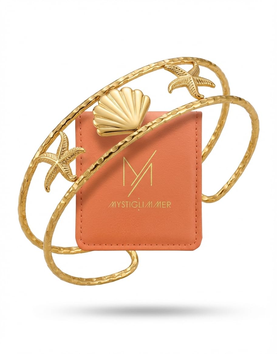 MystiGlimmer Starfish Bracelet with Luxury Gift Box 18K Gold Plated Stainless Steel, Adjustable Open Cuff, Waterproof & Hypoallergenic Jewelry Gift for Women (Seashell-Starfish3)
