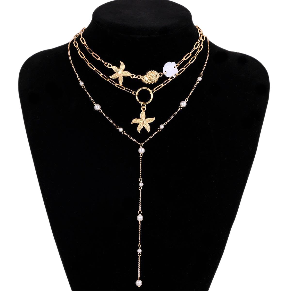 Gold Shell Starfish Necklace for Women Layered Pearl Conch Pendant Necklace Dainty Summer Beach Vacation Boho Jewelry (Gold 3pcs)