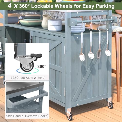 Merax 53.3" Outdoor Kitchen Island with Raised Shelf, Solid Wood Storage Cabinet with Stainless Steel Top, Rolling Grill Cart, Adjustable Shelf, Grey Blue