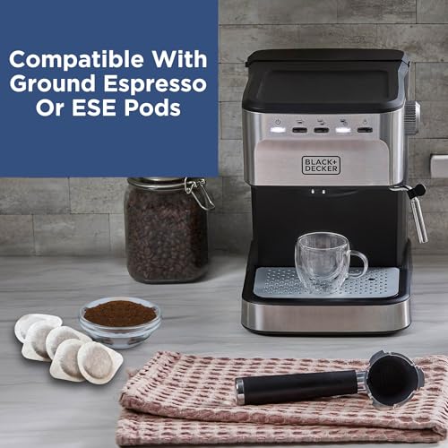 Black+Decker Semi-Automatic 15 Bar Espresso and Cappuccino Maker, Versatile Machine with Ability to use Grounds or ESE Pods to Make Your Perfect Cup of Coffee