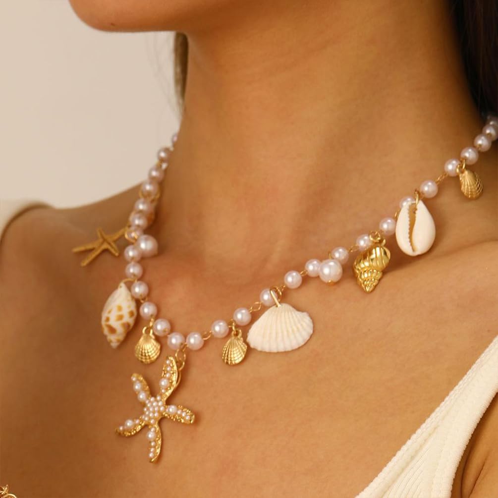 Charming Beachy Sea shell star Starfish Necklace for Women, Dainty Boho Beaded Pearl Seashell Conch Choker Necklaces Cute Beach Holiday Jewelry Accessories (Gold)
