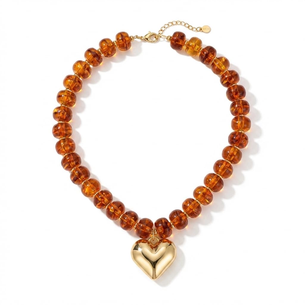 Frigotine Tortoiseshell Chunky Heart Necklace for Women, Brown Amber Resin Beaded Choker with Gold Puffy Heart, Trendy Acrylic Statement Jewelry Gift