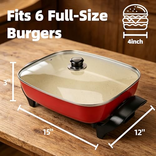 I-Keukenn 15'' Ceramic Nonstick Electric Skillet with Tempered Vented Glass Lid,Removable Easy-to-Clean,Thermostat Control to Prevent Overheating, Red