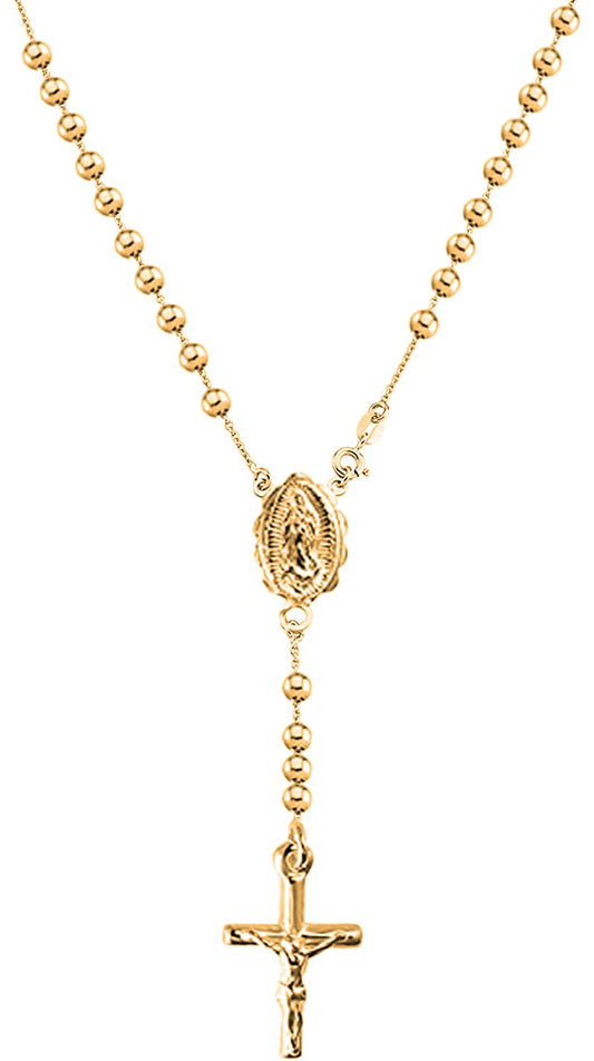 Savlano 925 Sterling Silver Italian Solid Bead Chain Cross & Rosary Virgin Mary Pendant -18K Gold Plated Y Necklace Comes With Gift Box for Women - Made in Italy (20, 5mm)