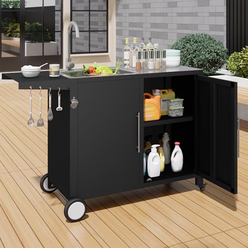 JFHID Grill Table with Sink, Outdoor Stainless Steel Kitchen Island Cabinets Sink Station with Hose Hook up & Lockable Casters, Rolling BBQ Table for Backyard