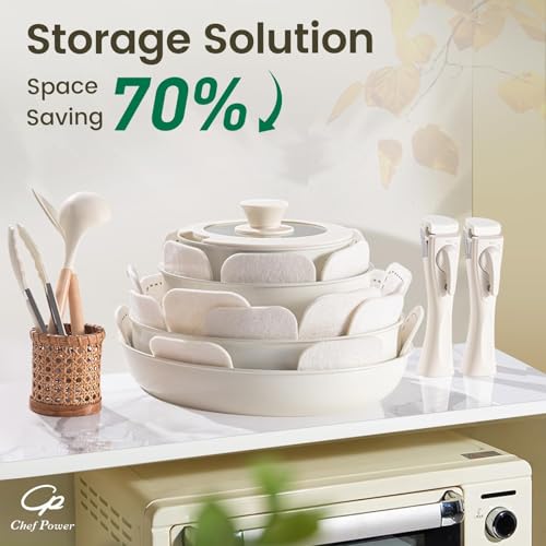 Chef Power Ceramic Cookware Set Non Toxic with Detachable Handles, Healthy Nonstick Pans and Pots Set 19 Pcs, Induction Dishwasher Oven Safe Kitchen Set, PFAS PFOA & PTFE Free, Cream White