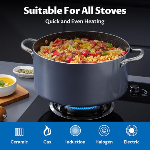 BEZIA 6 Quart Cooking Pot, Non Stick Induction Stock Pots with Lid, All Stove Compatible, 6 QT Aluminum Soup/Stew Pot For Small Households, Grey