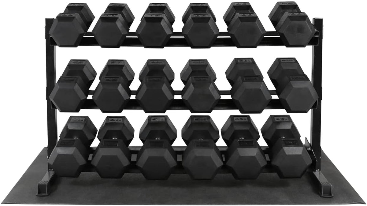 WF Athletic Supply Rubber Coated Hex Dumbbell Set, Multiple Choices Available - Dumbbells with Rack Stand and Mat, or Dumbbells Only (200/550/1200/2100/3000 LB)