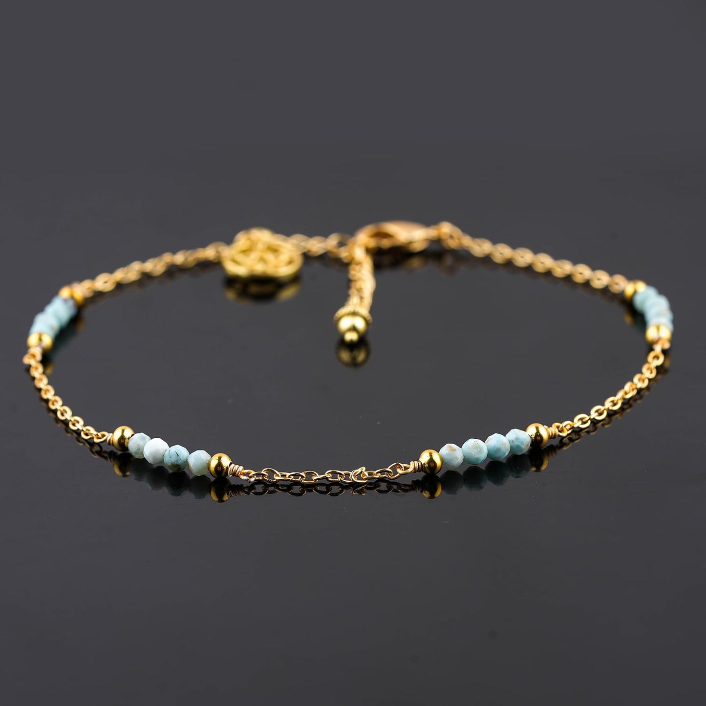 CRYSTALINES Natural Sky Blue Larimar Gemstone Beads, Handmade Station Dangle Star Charms Anklet, 14K Gold Plated, Adjustable Fashion Boho Jewelry for Women, Healing Crystals, Christmas Gift