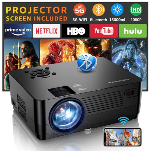 Projector with 5G WiFi and Bluetooth, Native 1080P Projector[Projector Screen Included], Full HD 18000LM Movie Projector, 100" Display Home Theater, Compatible with Phone/Laptop/TV Stick
