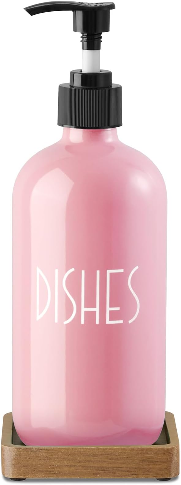 Pink Glass Dish Soap Dispenser with Acacia Wood Tray, 16 oz Refillable Kitchen Soap Pump Bottle, Decorative Countertop Soap Dispenser Set for Kitchen Bathroom Accessories