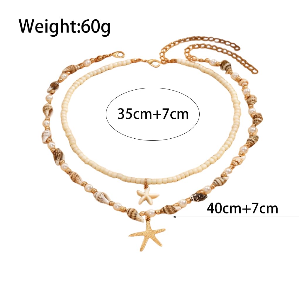 Starfish Conch Layered Necklaces for Women Charm Pearl Beaded Choker Necklace Boho Starfish Fish Pendant Necklaces Trendy Beach Jewlery Accessories (White1)