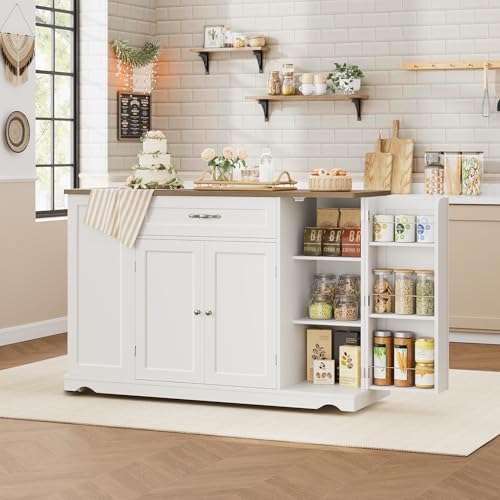 HOSTACK Kitchen Island Cart with Storage, 47'' Kitchen Storage Island on Wheels with 2 Drawers, Rolling Island Table with Adjustable Shelves, Mobile Buffet Sideboard Cabinet for Dining Room, White