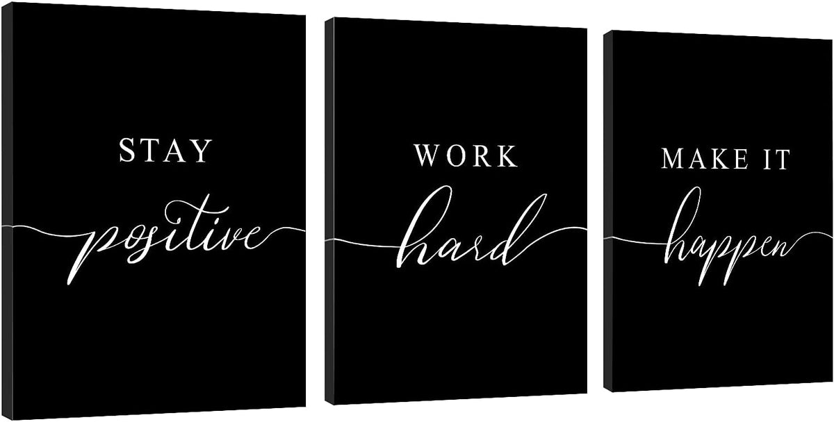 Stay Positive Letters Artwork,Framed Canvas Wall Art Positive Quote, Office Wall Art, Black Large Poster, Inspirational Prints for Boss Gift (E-3pcs,20x30inchx3pcs)