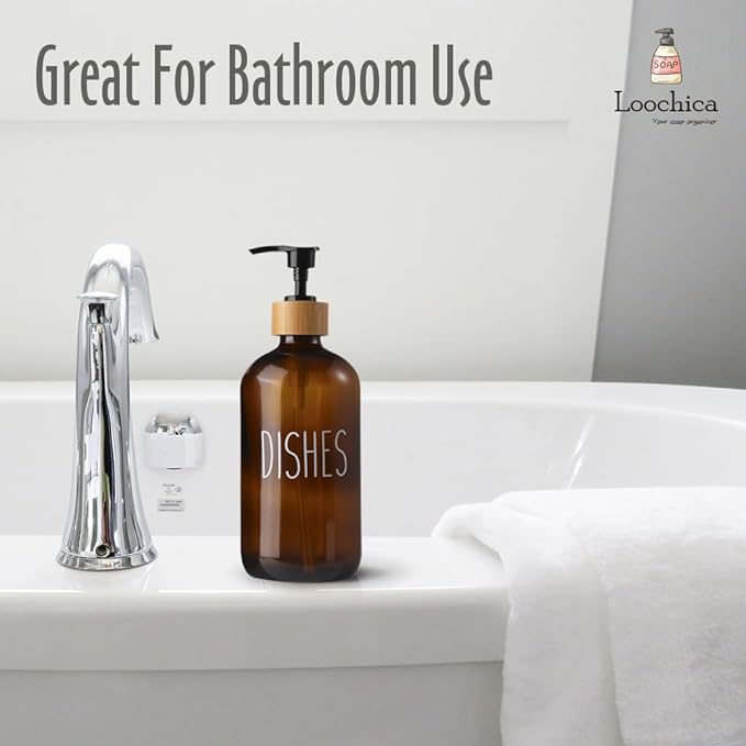 LOOCHICA Dish Amber Glass Soap Dispenser with Plastic Pump, 16 Oz Brown Dish Soap Dispenser Set Refillable Reusable Apothecary Soap Pump Dispenser Bottles for Bathroom and Kitchen