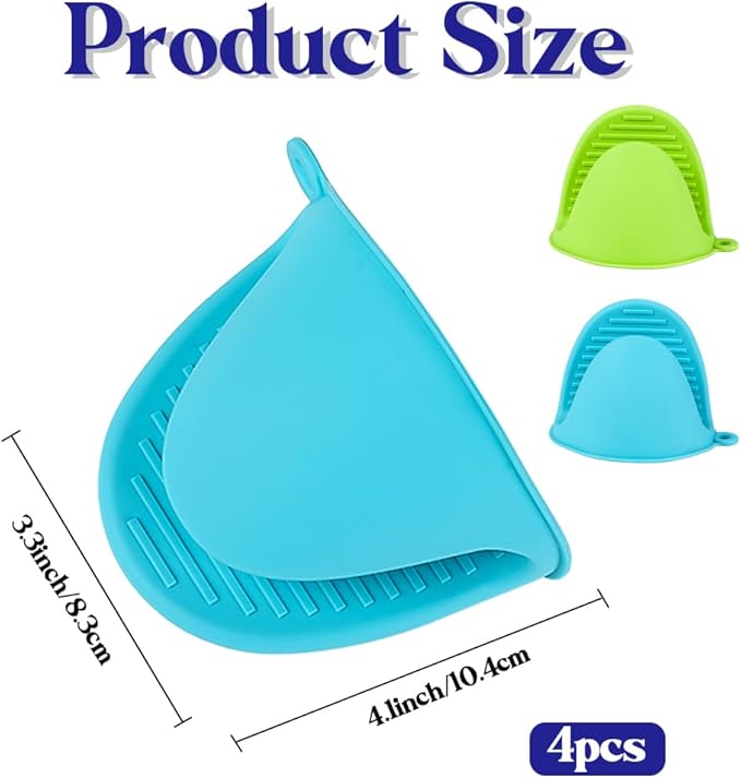 4 PCS Silicone Oven Mitts Heat Resistant Mini Oven Gloves for Kitchen Rubber Air Fryer Mitts Oven Accessories Finger Cooking Pinch Mitts Pot Holders for Kitchen Cooking Baking Dishwasher, Blue & Green
