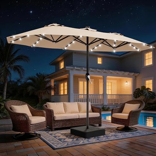 AreShark 15FT Patio Umbrella with Solar Lights, Double Sided Outdoor Table Umbrellas with Crank, Large Rectangular Market Umbrella for Porch, Lawn, Pool, Backyard, Beige
