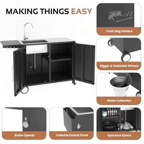 JFHID Grill Table with Sink, Outdoor Stainless Steel Kitchen Island Cabinets Sink Station with Hose Hook up & Lockable Casters, Rolling BBQ Table for Backyard