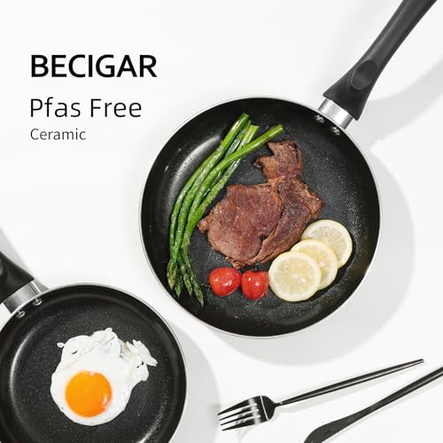 BECIGAR 8pcs Black Ceramic Pots and Pans Set, Cooking Pan Set,Cooking Pot Set Ceramic Pan Set, Nonstick Cookware Set, Induction Safe Kitchen Cooking Set with Frying Pans, Saucepans, shovel and Ladle