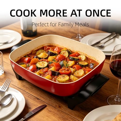I-Keukenn 15'' Ceramic Nonstick Electric Skillet with Tempered Vented Glass Lid,Removable Easy-to-Clean,Thermostat Control to Prevent Overheating, Red
