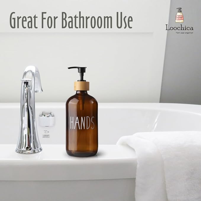 LOOCHICA Hand Amber Glass Soap Dispenser with Pump, Amber Hand Soap Dispenser, Refillable Reusable Apothecary Soap Pump Dispenser Bottles for Bathroom and Kitchen Use