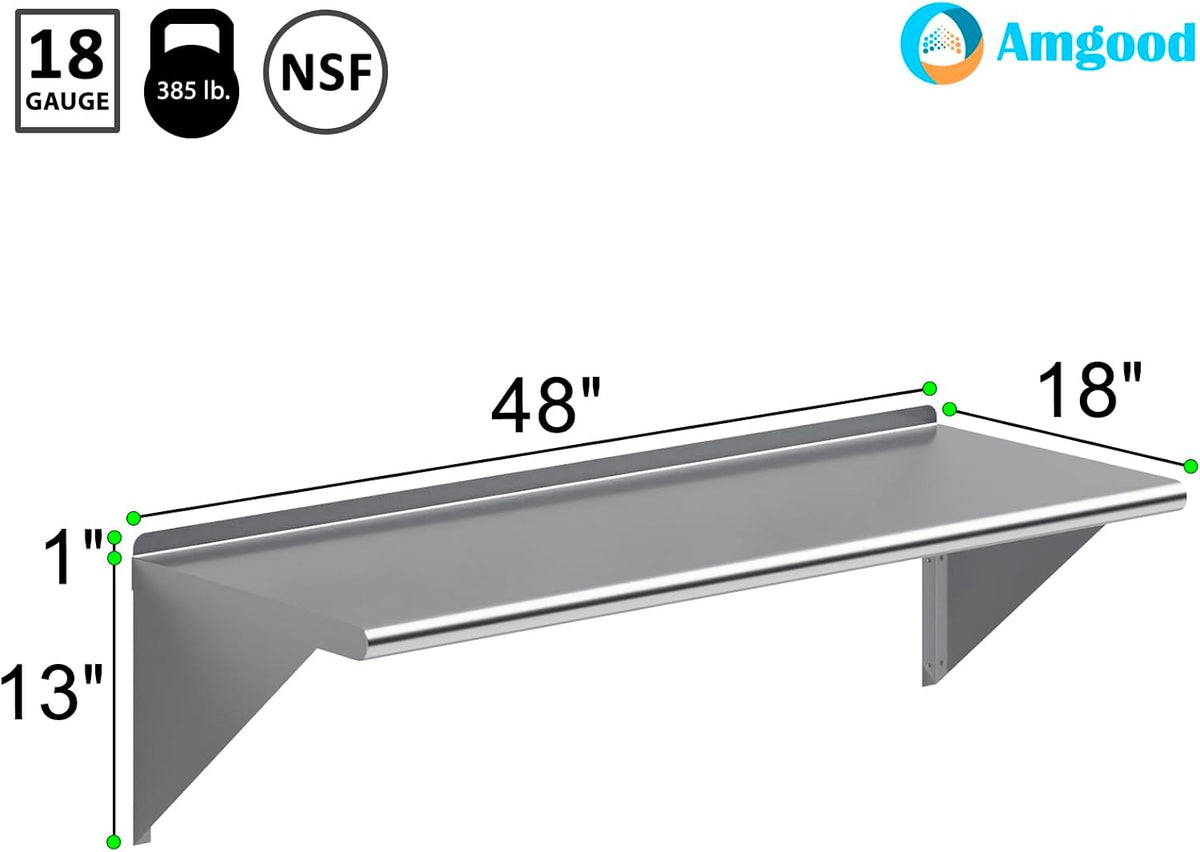 AmGood 48" Long X 18" Deep Stainless Steel Wall Shelf | NSF Certified | Appliance & Equipment Metal Shelving | Kitchen, Restaurant, Garage, Laundry, Utility Room