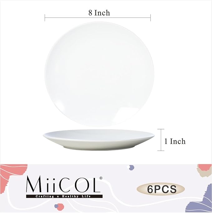 Miicol Ceramic Appetizer Plates Set of 6, White Dessert Plates 8 Inch, Small Dinner Plates, Modern Round Salad Plates, Porcelain Serving Dishes for Snack, Bread, Fruit, Microwave & Dishwasher Safe