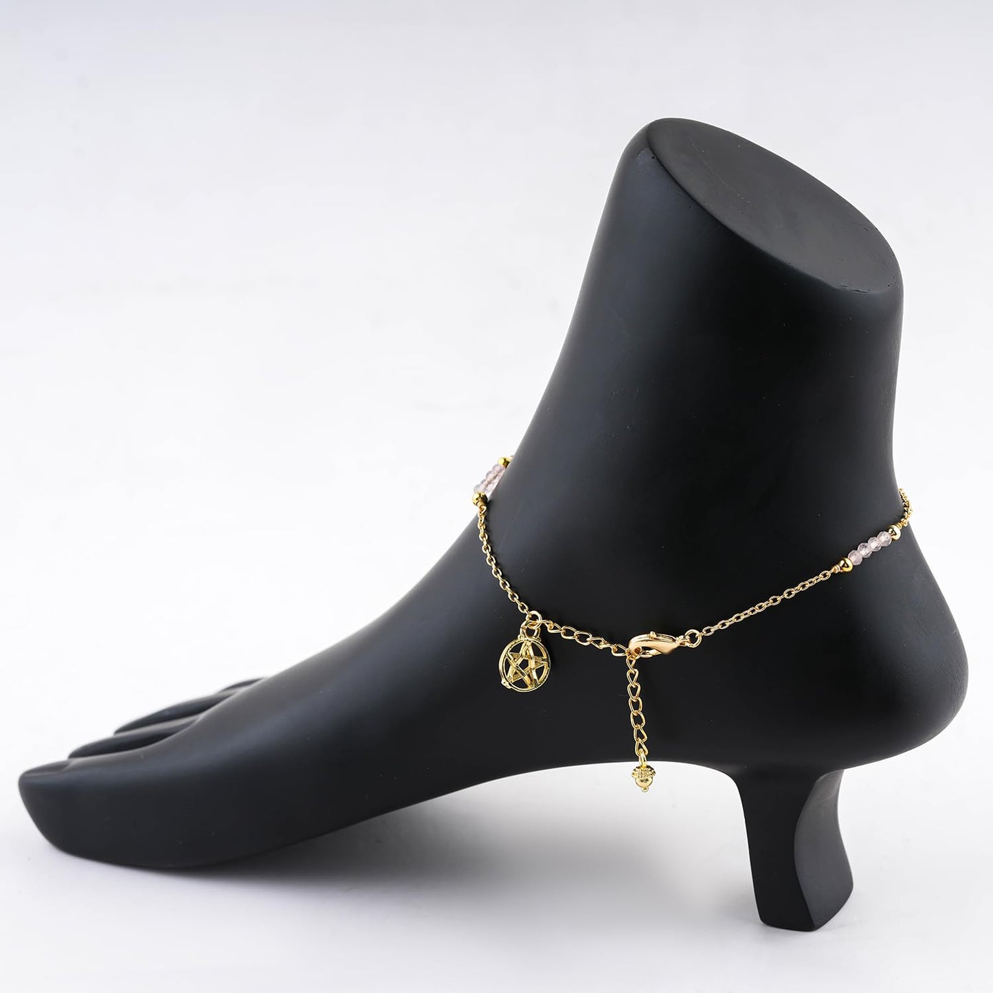 CRYSTALINES Natural Rose Quartz Gemstone Beads, Handmade Station Dangle Star Charms Anklet, 14K Gold Plated, Adjustable Fashion Boho Jewelry for Women, Healing Crystals, Christmas Gift