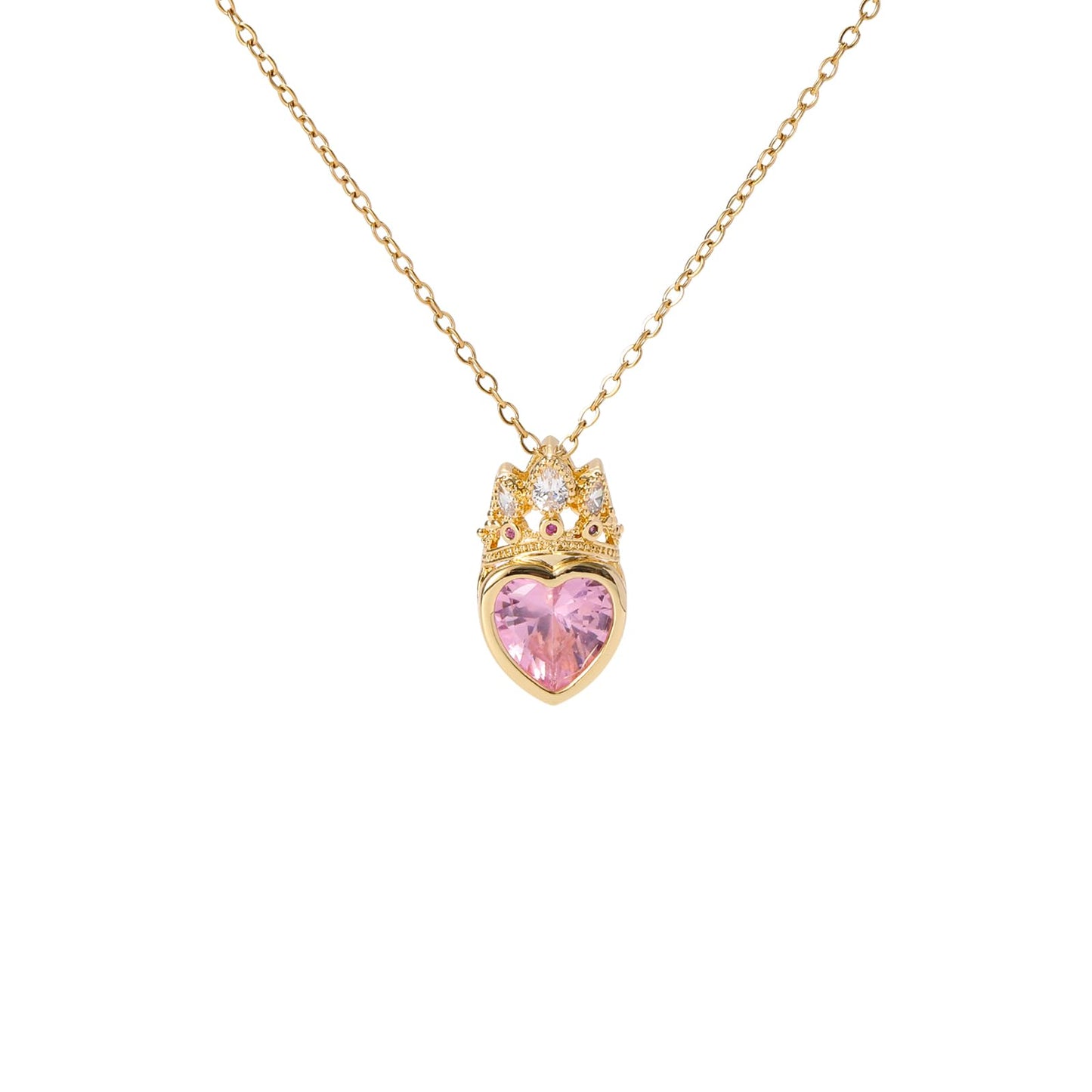 crataly Crown Heart Rose Quartz Necklace For Women-Gold Plated Pink CZ Princess Necklace For Valentines Day Mothers Day Christmas Birthday Gifts