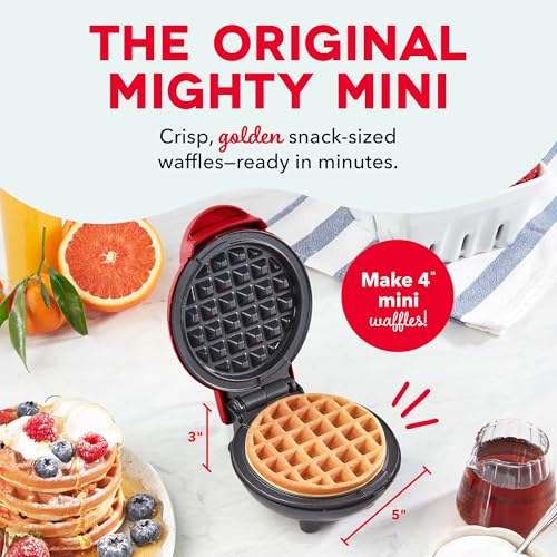 Dash Mini Waffle Maker- Compact Electric Iron for Creative Homemade Treats - Nonstick Surface - Easy-to-Clean - Perfect for Kids & Families - Red