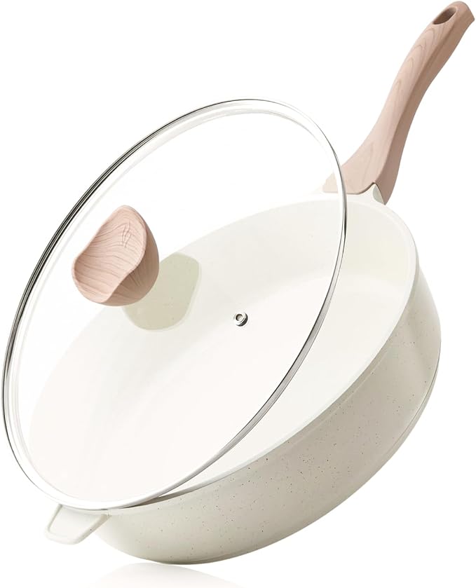 Kordisen Nonstick Ceramic Deep Frying Pan, 12 Inch Non Toxic Large Skillet with Lid, 5 Qt Healthy Jumbo Cooker, Saute Pan for Cooking, Induction Cookware, PFOA & PFAS Free (Cream)