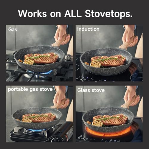 JEETEE 10 Inch Nonstick Frying Pan Stone Coating Cookware, Nonstick Omelette Skillet with Soft Touch Handle, Compatible with All Stoves