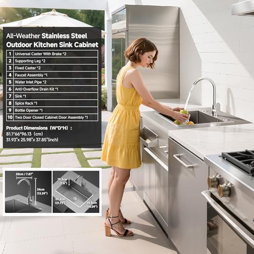 BODEGA Stainless Steel Outdoor Kitchen Sink Cabinet, Outdoor Sink With Hose Hook Up,Single Bowl Kitchen Sinks With Brake Wheels & Spice Rac, All-Weather Use, Mobile Prep Station for BBQ, Camping, RV.