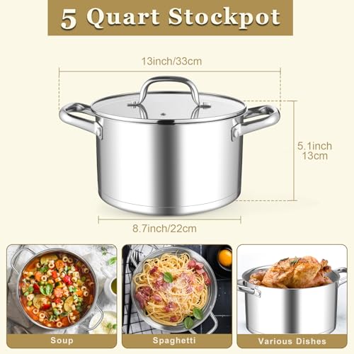 Leonyo 5 Quart Stock Pot with Lid, 18/10 3-ply Stainless Steel Stockpot for Induction Ceramic Gas Stoves, Heavy Duty Cooking Pot for Canning, Boiling, Simmering, Cooking Pot for Pasta, Soup, Spaghetti