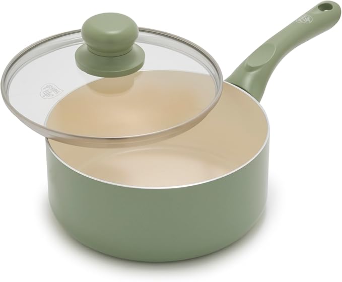 GreenLife 2 Quart Nonstick Saucepan with Lid, Non-Toxic Ceramic Pot, Dishwasher Safe, Stay-Cool Handle, Induction Ready, Fast Heating, PFAS/PFOA Free, Easy Clean, Sage Green