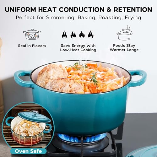 Onader 7QT Dutch Oven Pot with Lid, Cast Iron Large Pot for Bread Baking, Round Dutch Oven, Enameled Heavy Duty Cookware - Dark Cyan