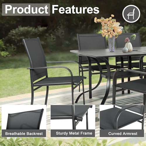 Crownland 7 Piece Patio Dining Set, Textilene Dining Sets, 6 Textilene Metal Chairs and Rectangular Outdoor Dining Table with Khaki 9FT Round Outdoor Umbrella (Black)