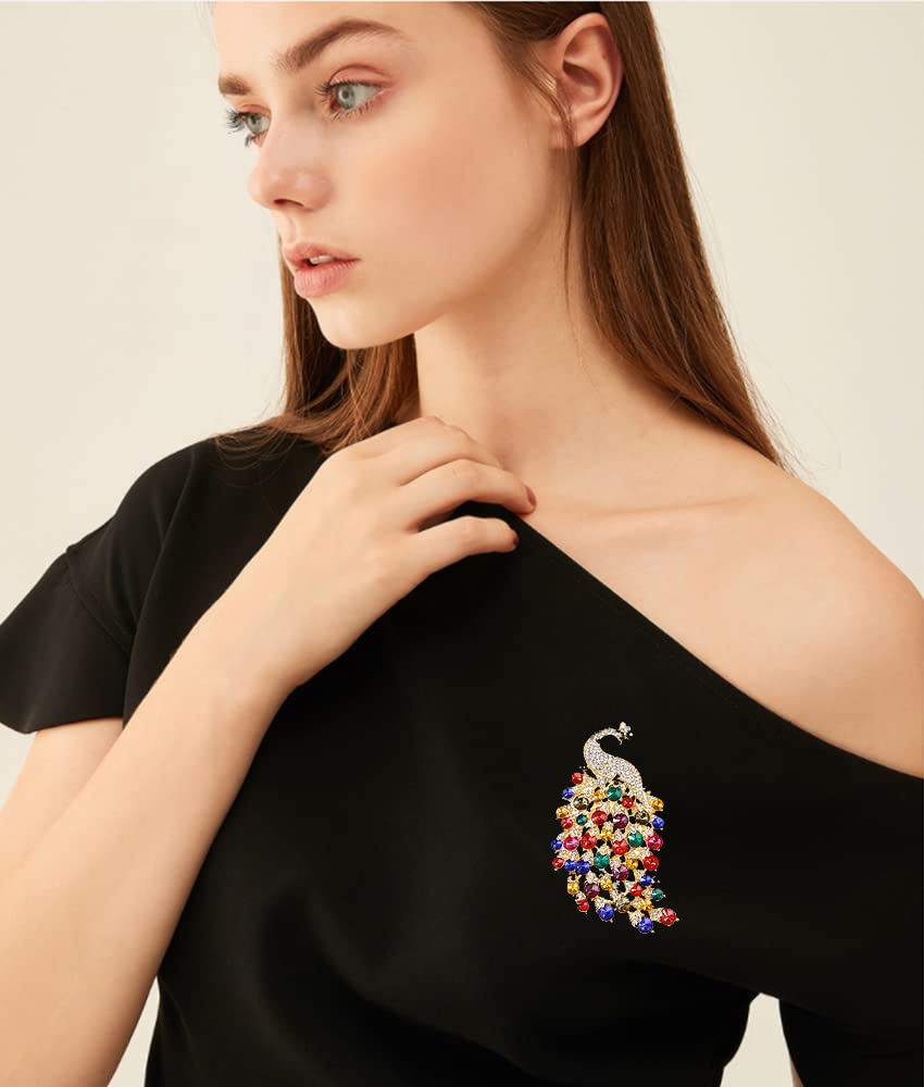 Rhinestone Peacock Brooch Pin for Women Girls Fashion Exquisite Exaggerated Big Crystal Bird Animal Brooches Lapel Pins Elegant Dress Accessories Wedding Christmas Birthday Jewelry Gift (Gold-Tone)