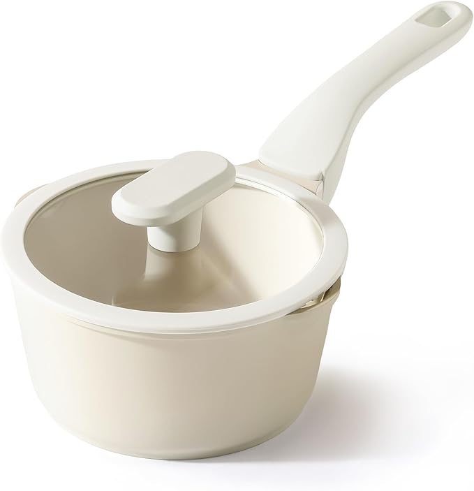 PRICUSIS Ceramic Nonstick Saucepan with Lid, 1.3 Quart Non Toxic Pot with Pour Spouts, Full Coated, 100% Dishwasher Safe, Induction Compatible & Oven Safe, PTFE PFAS & PFOA Free, Coconut White