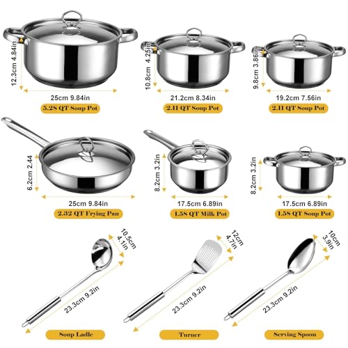 Hunnycook Stainless Steel Cookware Set - 15 Pieces Pots and Pans Set, Includes 6 Pots and Pans, 6 Lids and 3 Utensils, Fixed Handles, Induction Safe and Dishwasher Safe