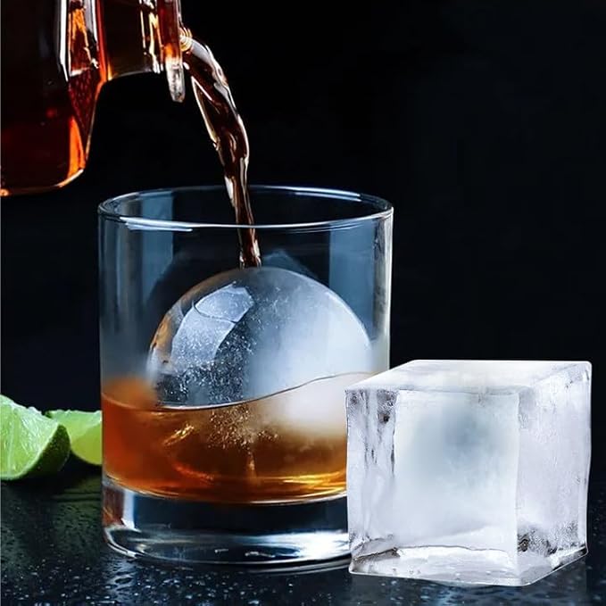 ROTTAY Ice Cube Trays (Set of 4), Sphere Ice Ball Maker with Lid & Large Square Ice Cube Maker for Whiskey, Cocktails and Homemade, Keep Drinks Chilled