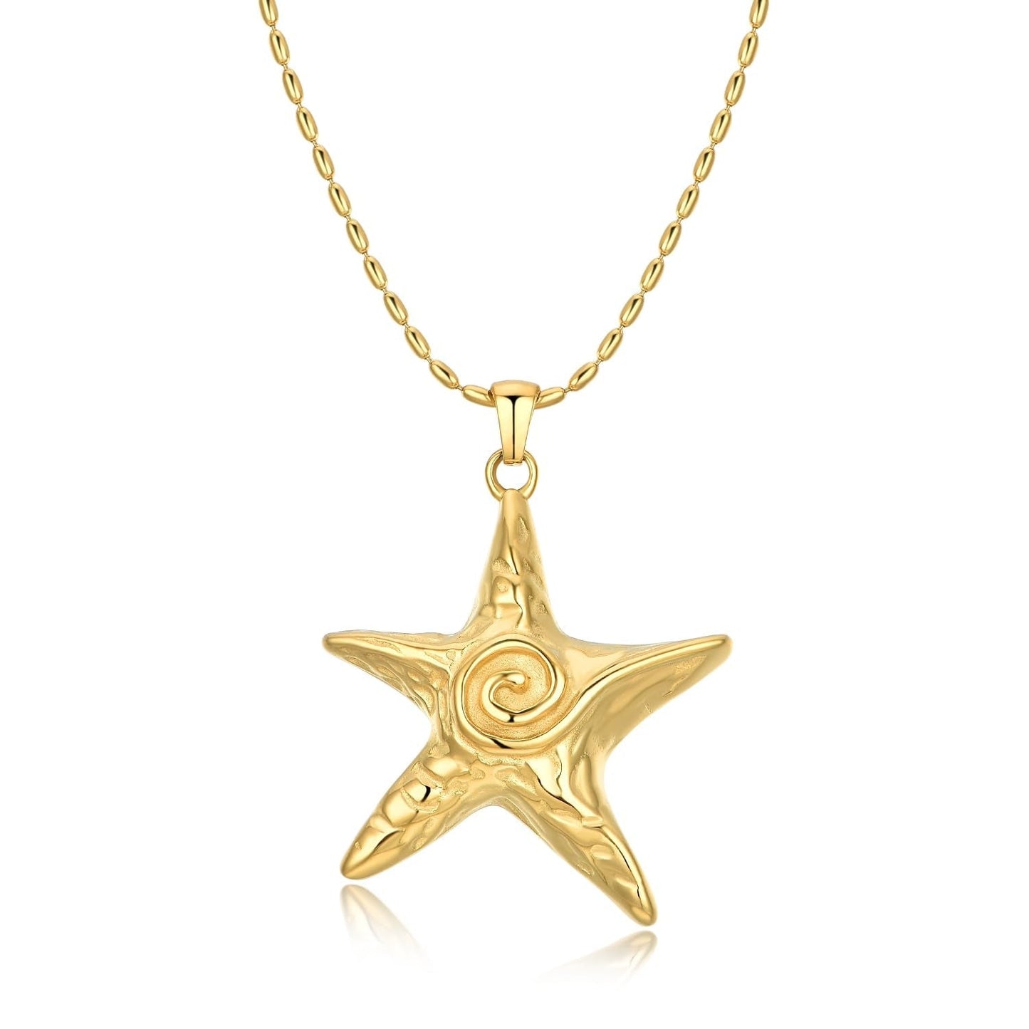 NUZON Large Gold Starfish Pendant Necklace for Women 18K Gold Plated Stainless Steel Sea Star Beaded Chain Necklace Boho Summer Beach Jewelry 18’’