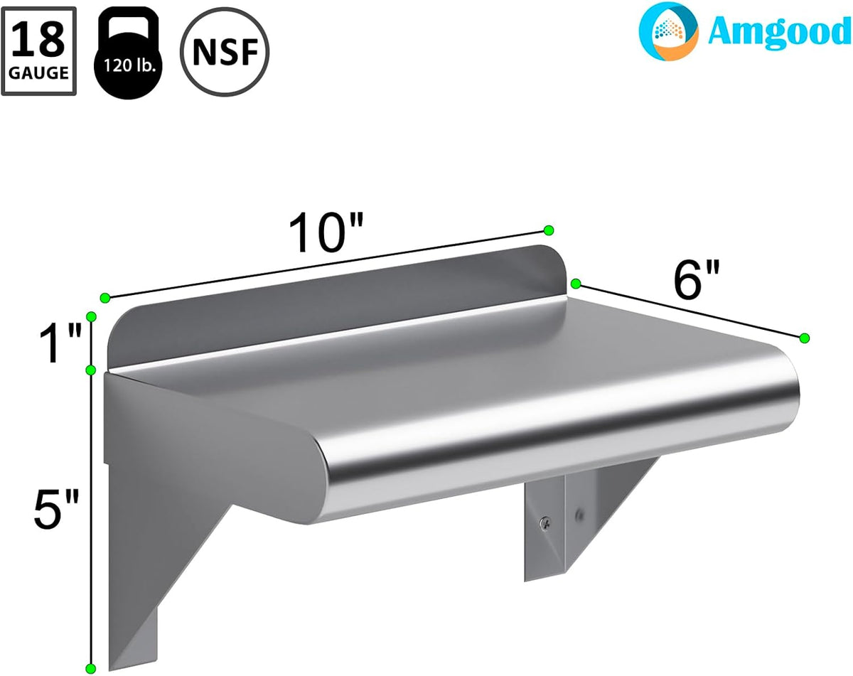 AmGood 6 in. x 10 in. Stainless Steel Wall Mount Shelf. Commercial/Home. Kitchen, Restaurant, Garage, Laundry, Utility Room. NSF