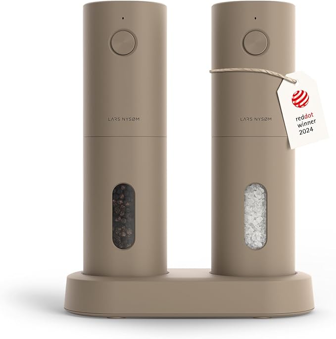 LARS NYSØM Electric Salt and Pepper Grinder Set, USB Rechargeable, Automatic Salt and Pepper Mills, Spice Shakers Refillable with LED Light, Adjustable Coarseness, Ceramic Grinder (Taupe Brown)
